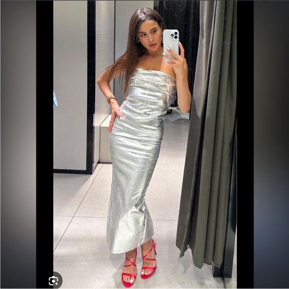 Zara The Fitted Denim bodycon silver midi dress sz.XS - Picture 8 of 16